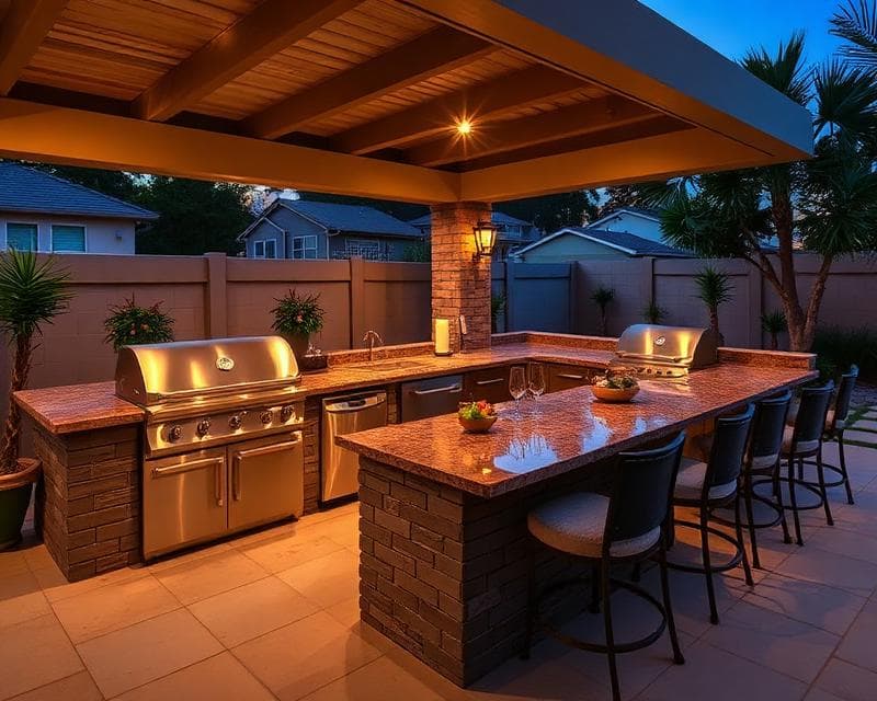 Finished outdoor kitchen with covered prep space and bar seating