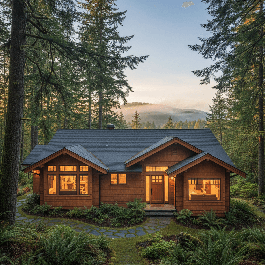 Cedar-clad home surrounded by evergreens at dusk