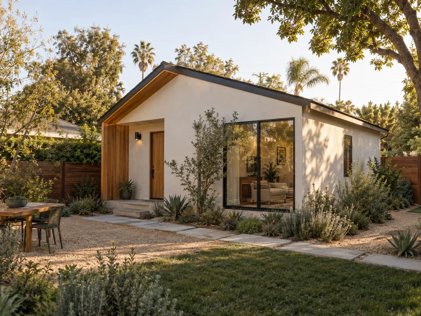 A backyard accessory dwelling unit with outdoor seating