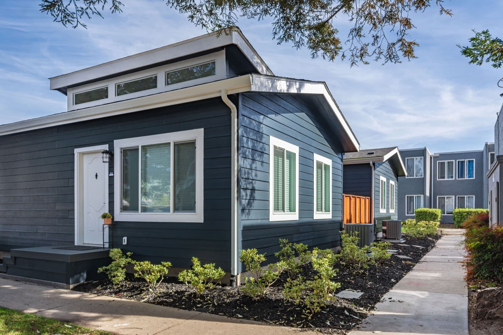 A dark blue Villa ADU with white trim on a multifamily lot
