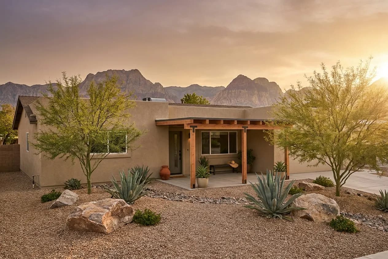 A stucco home with desert landscaping and mountains on the horizon