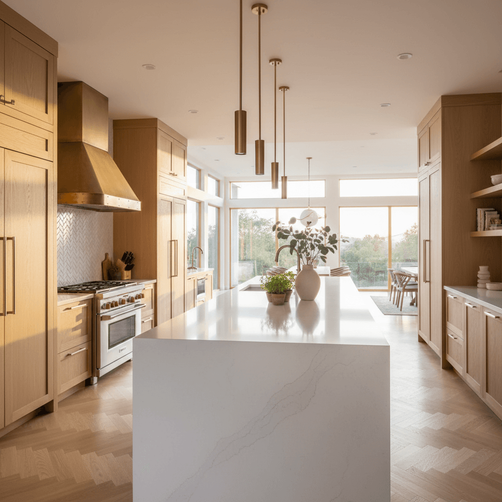 Kitchen design inspiration with cabinetry, counters and an island
