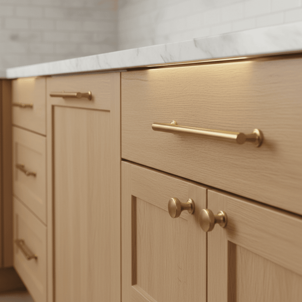 Light wood cabinet drawers with brass pulls and round knobs