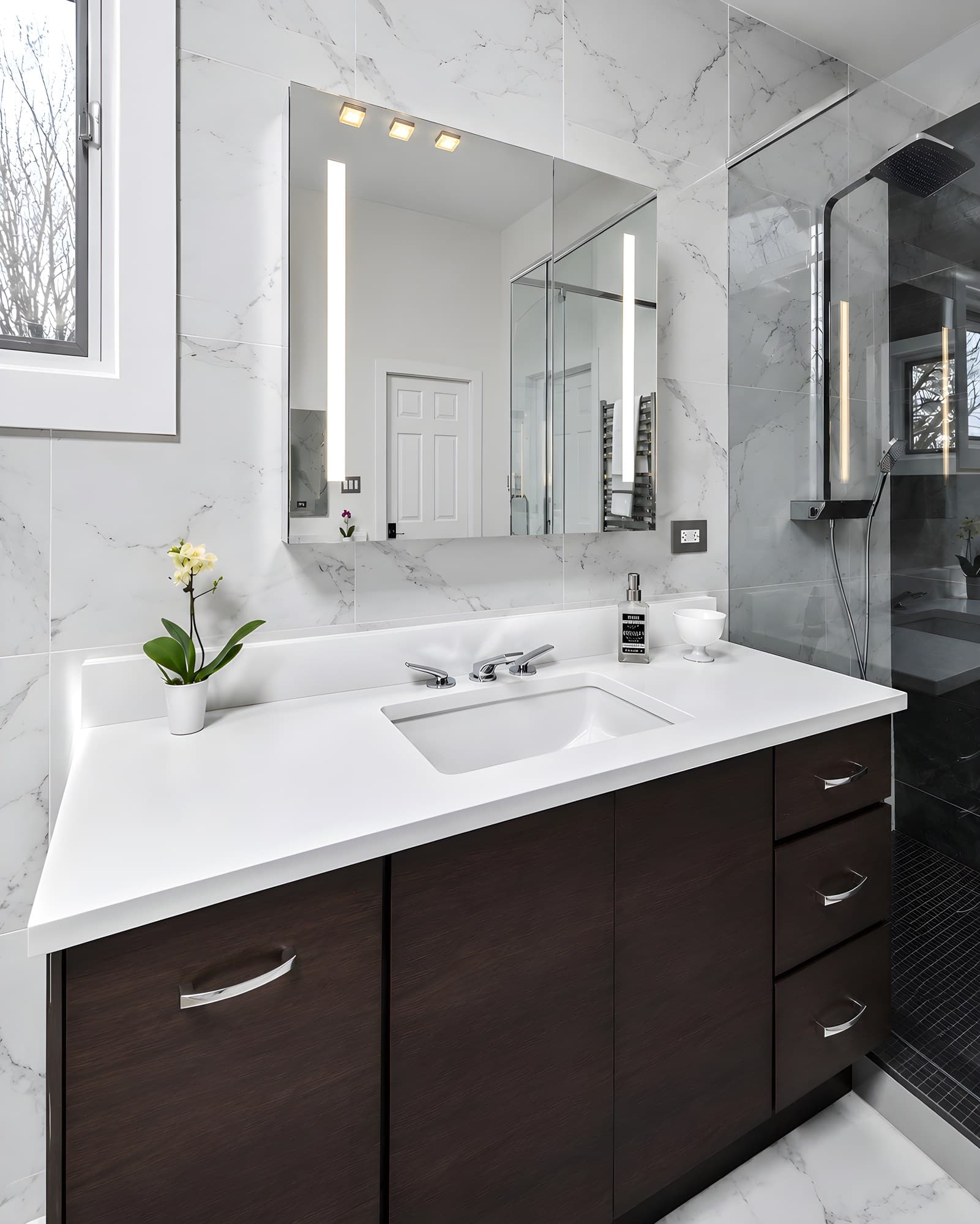 This bathroom is all about clean contrast and quiet impact