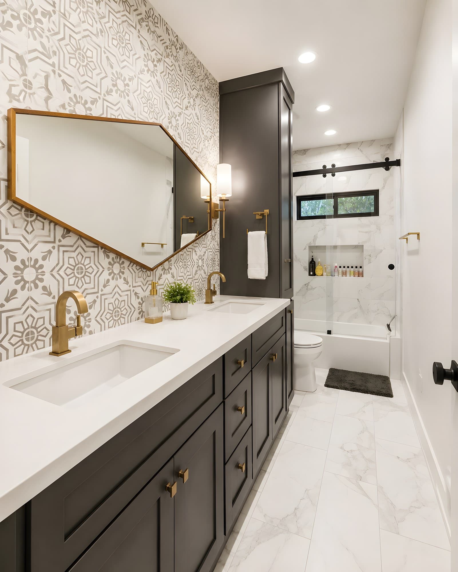 This bathroom gets its impact from contrast and precision