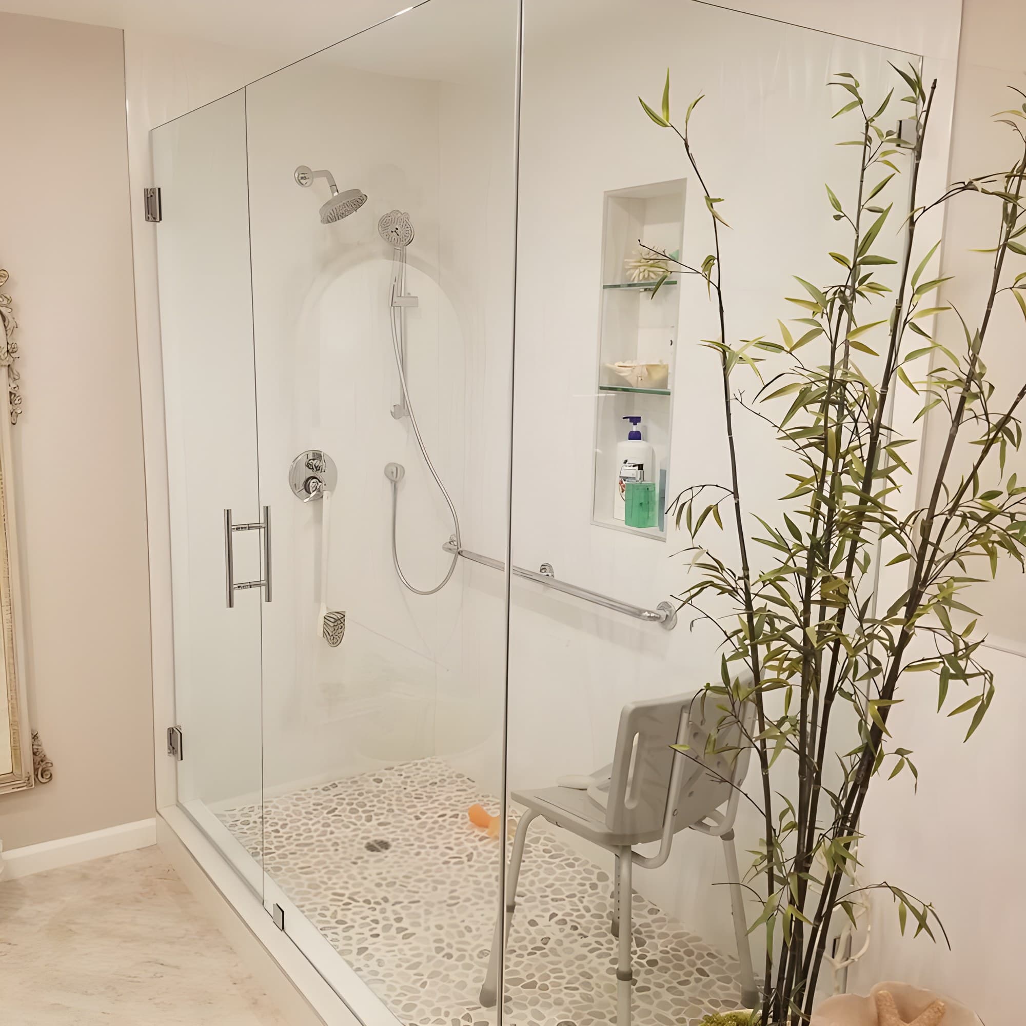 This bathroom is designed to feel graceful, polished, and quietly indulgent