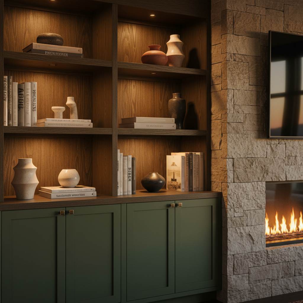 Custom built-in shelving detail next to a linear gas fireplace with stone surround